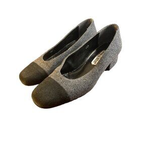 Coup d'Etat Black Gray Fabric Block Heel Square Toe Shoes Sz 6.5